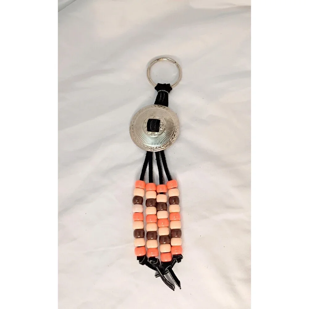 Vintage Brown, Orange and Peach Beaded Keychain with Large Round Conch